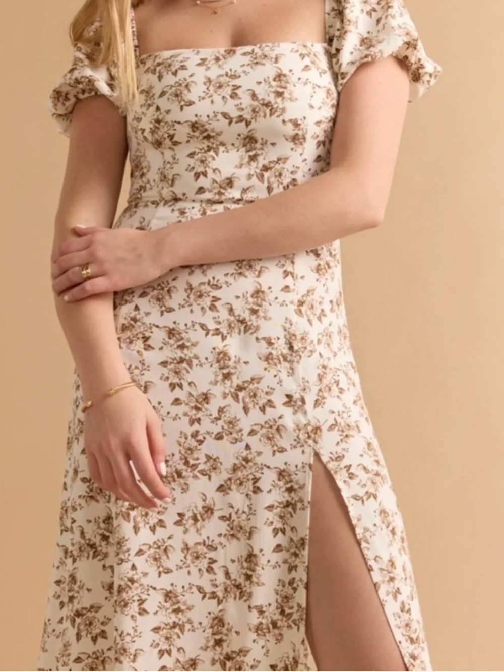 Francesca's Collections Cream Midi Dress with Brown Floral Print